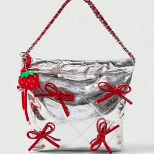 Kawaii Shiny PU Leather Color-Block Bow Shoulder Bag – Drawstring Closure